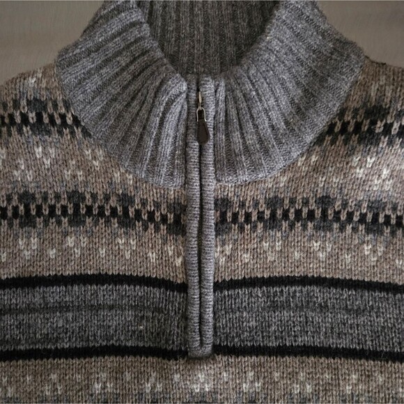 Sundance 100% Lambswool Knit 1/4 Zip Fair Isle Nordic Sweater Gray Tan Black L - Picture 3 of 13